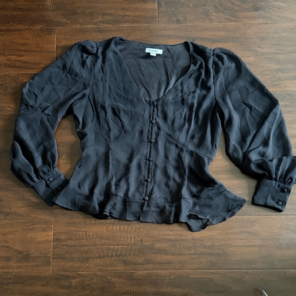 Nine West Black Puff-Sleeve Button-Front Blouse